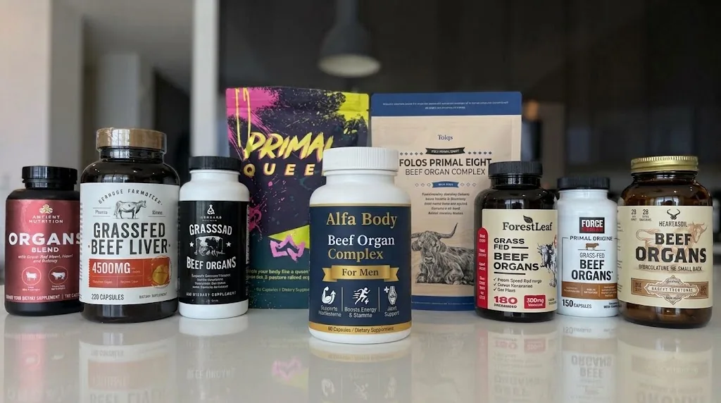 Beef organ supplement bottles lined up on a kitchen counter