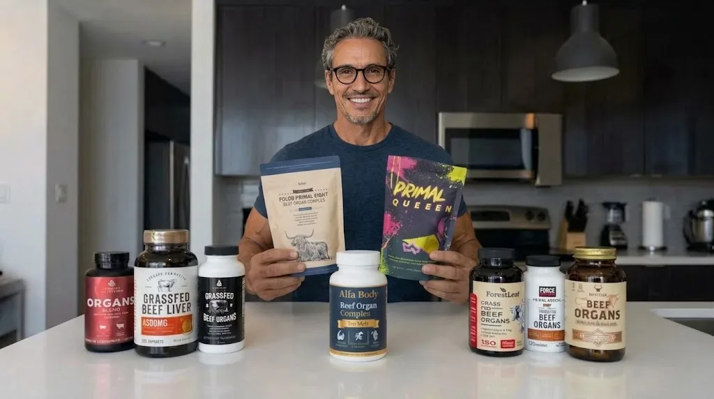 Man holding beef organ supplements in a kitchen