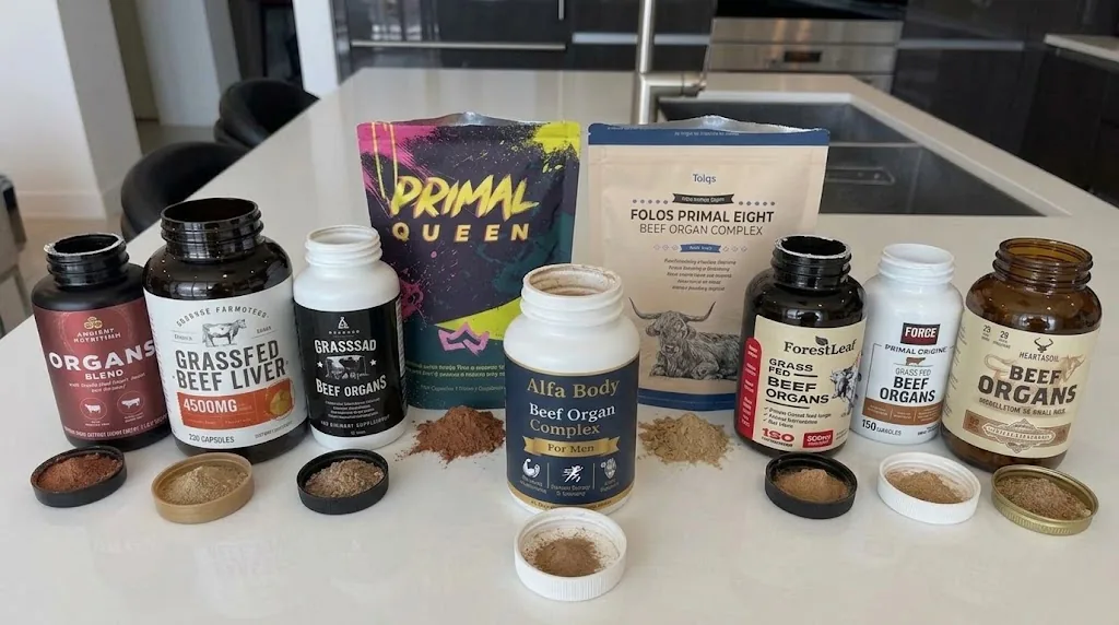 Opened organ supplement capsules next to each bottle