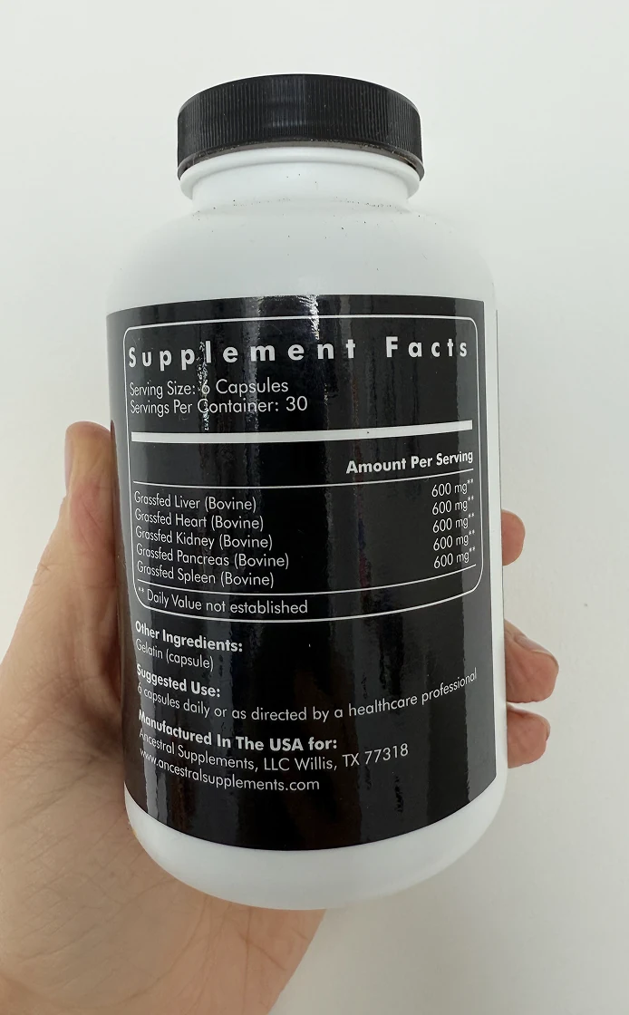 Ancestral Supplements bottle, back label